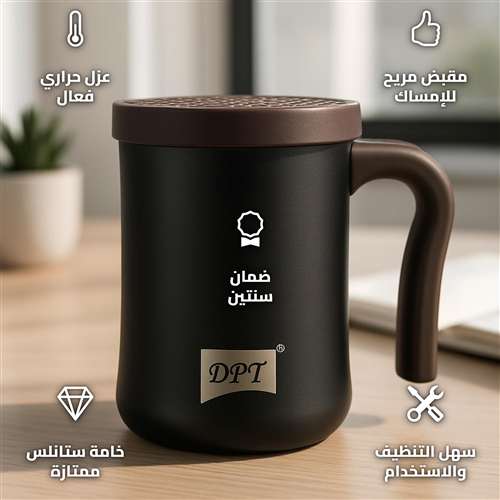 كوب سوائل ستانلس ستيل 350 مل اسود بجدار مضاعف وغطاء سيلكون للرحلات